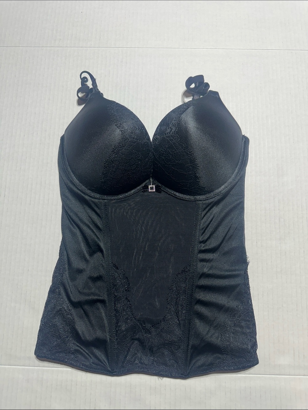 Victorias Secret Black Lace-Trim Longline Push-Up Bustier w rhinestone zipper